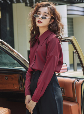 红色港风衬衫女复古港味法式上衣设计感小众宽松翻领衬衣女秋长袖