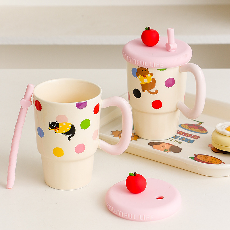 送女生生日礼物心粉色猫咪吸管杯