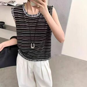 条纹流苏设计感无袖背心女夏季时尚韩版气质减龄独特拼接圆领上衣