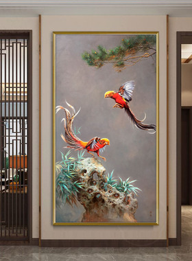 玄关手绘油画锦鸡火凤凰公司办公室会所竖版挂画高级感大师作品