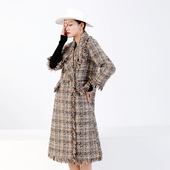 2021年冬复古气质毛呢子外套女长款 高端格子羊毛大衣粗花呢质感
