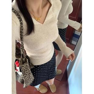 小众内搭上衣 辣妹Polo翻领软糯针织打底衫 女秋季 长袖 正肩弹力修身