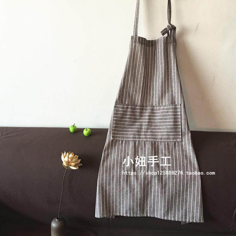 棉麻围裙色织条纹日式简约家居厨房西餐厅咖啡屋烘焙男女工作服