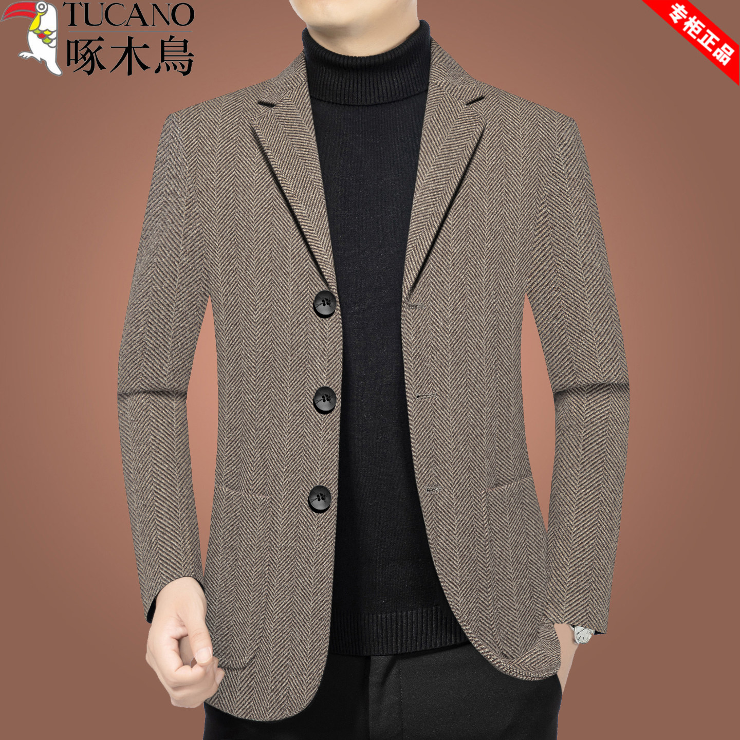 啄木鸟休闲西装外套男士秋冬新款中年商务高端西服上衣单西爸爸装