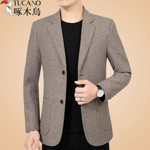 啄木鸟休闲西装外套男士秋冬新款中年羊毛呢西服修身春秋单西上衣