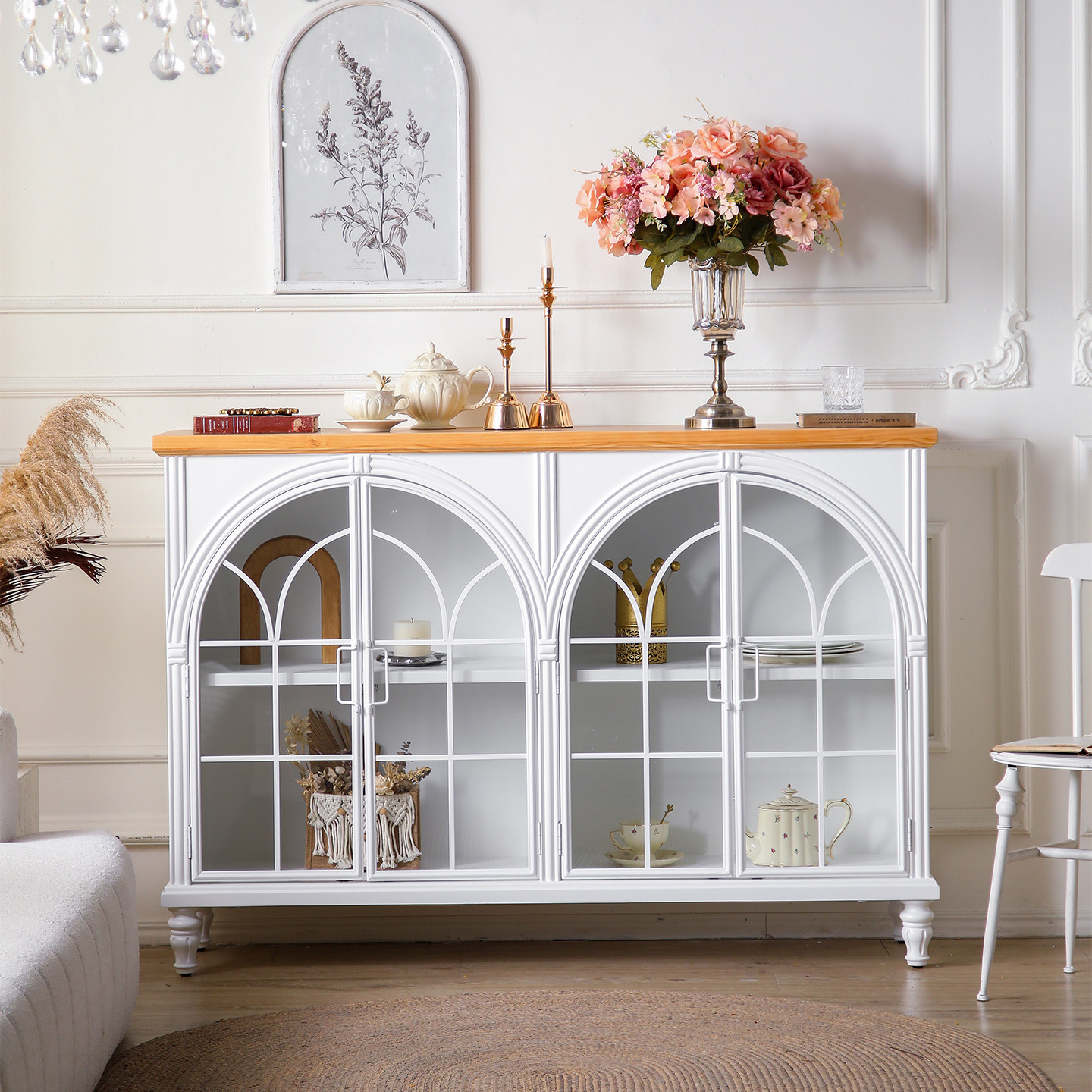 法式餐边柜白色复古玻璃柜子餐边柜客厅靠墙落地实木角柜储物柜,住宅家具,餐边柜,淘宝优惠券,粉丝福利购,淘宝优惠卷