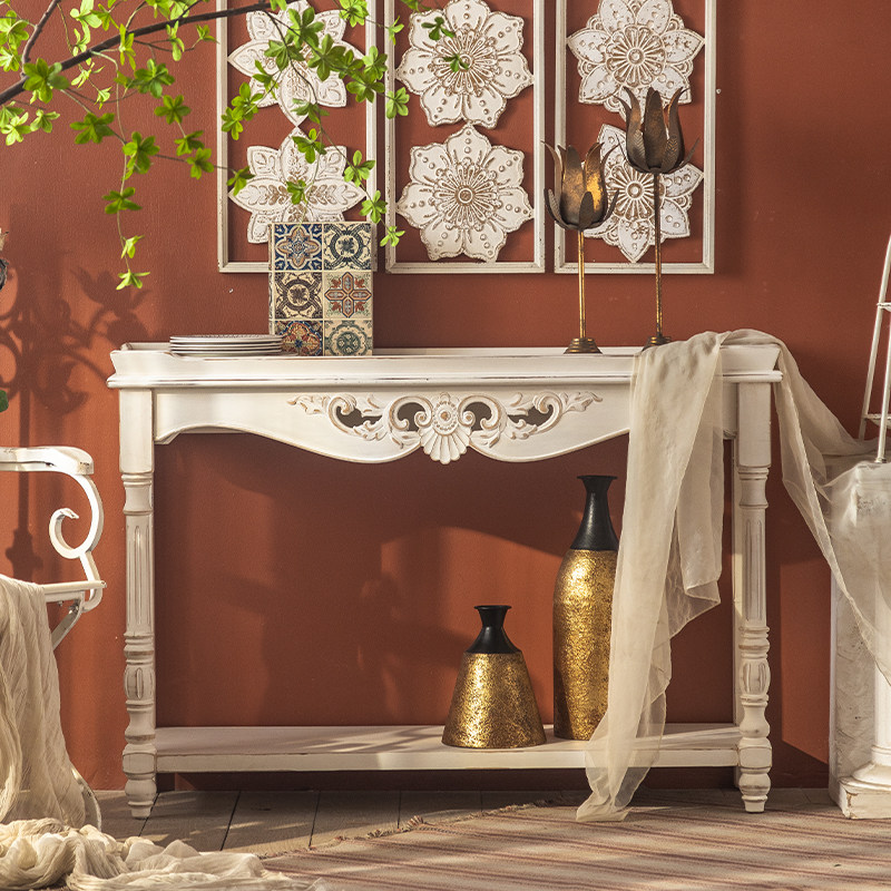 美式轻奢复古玄关桌入户装饰置物桌餐边桌雕花高端实木欧式玄关台