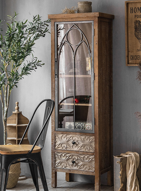 法式餐边柜复古实木矮柜子酒柜铁艺雕花玻璃门储物柜客厅靠墙碗柜