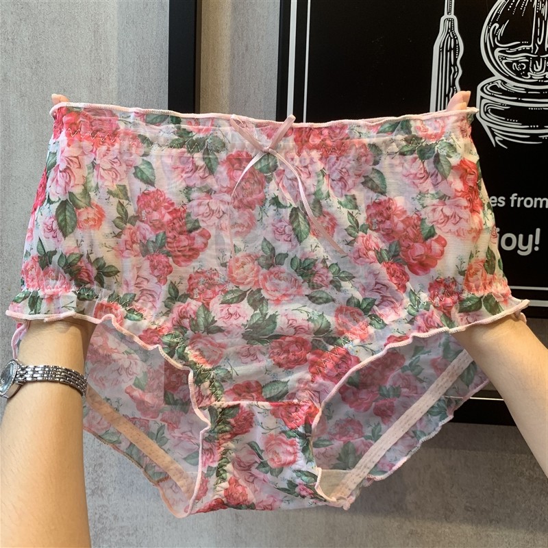 女士内裤性感豹纹冰丝网纱蕾丝内裤胖MM大码200斤速干三角裤头