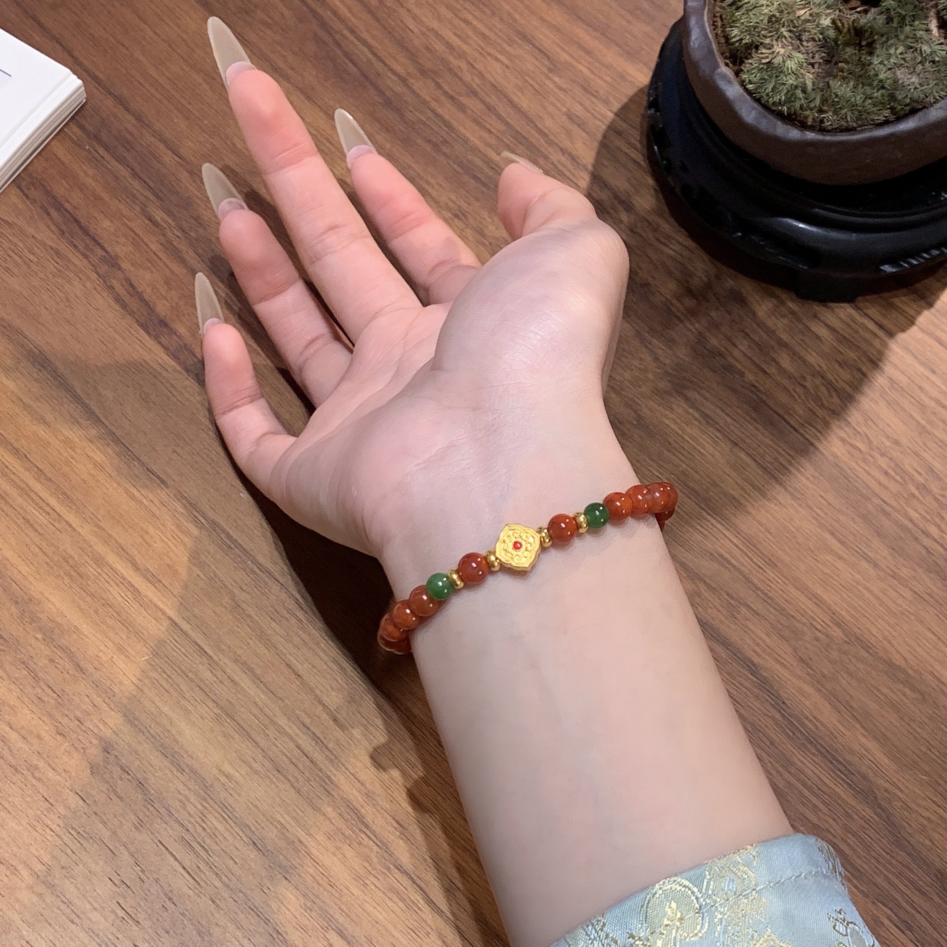 烧蓝如意黄金手链足金999转运珠天然南红手串送女友母亲节送妈妈