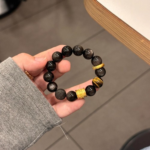 六字箴言黄金手链足金999转运珠男女款银曜石手串情侣七夕节礼物