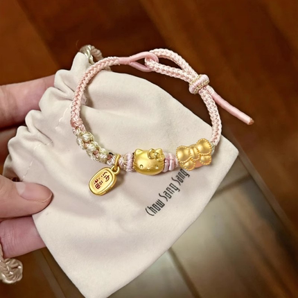 KT猫黄金手链HelloKitty足金999吊坠三丽鸥蝴蝶结转运珠送女友