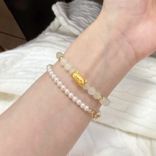 黄金法棍猫手串足金999转运珠可爱猫咪天然和田玉水晶手链送女友