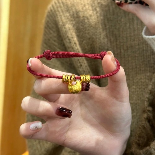 黄金胖福手链足金999盘缠小金坨编织红绳送女友520七夕情人节礼物