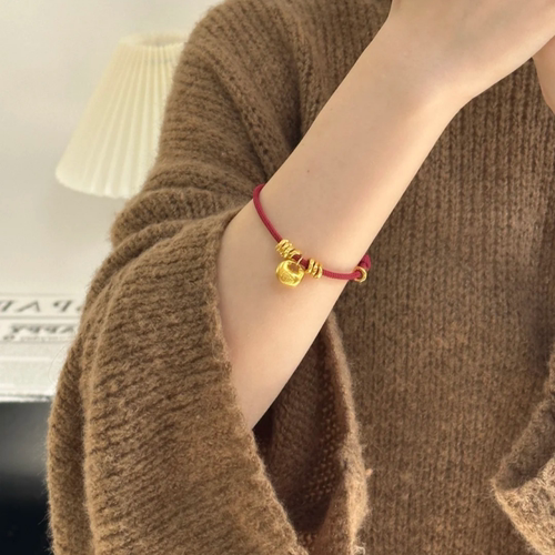 黄金小胖福盘缠手链女足金999小金坨吊坠转运珠本命年红绳送女友