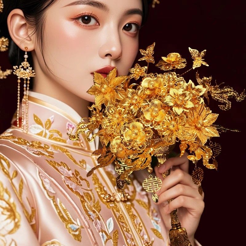 朱雀记黄金色手捧花新娘结婚团扇礼物diy新婚礼秀禾闺蜜高级权杖,女装/女士精品,汉服套装,淘宝优惠券,粉丝福利购,淘宝优惠卷