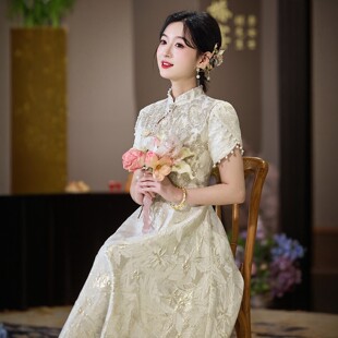 朱雀记中式孕妇旗袍敬酒服香槟色订婚礼服大码胖mm新娘遮肚回门裙