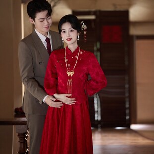朱雀记中式红色孕妇旗袍敬酒服套装订婚礼裙大码胖mm遮肚子秀禾喜