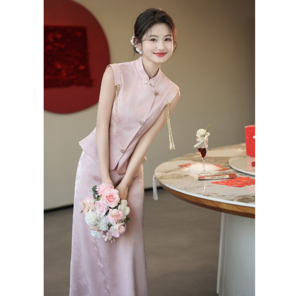 朱雀记新中式粉色旗袍夏季秀禾服套装女新娘敬酒服端庄大气订婚礼图片