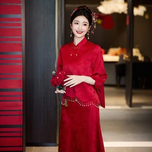 朱雀记中式红色订婚礼服裙女长袖立领新娘敬酒服套装绝美结婚便装