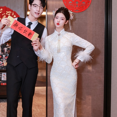 朱雀记香槟色旗袍订婚礼服裙女