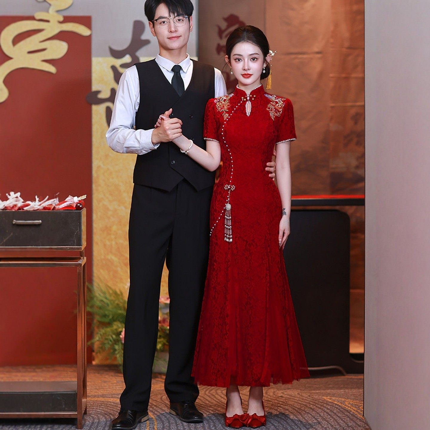 朱雀记蕾丝敬酒服新娘酒红色高级鱼尾中式订婚连衣裙结婚回门服冬,女装/女士精品,旗袍,淘宝优惠券,粉丝福利购,淘宝优惠卷