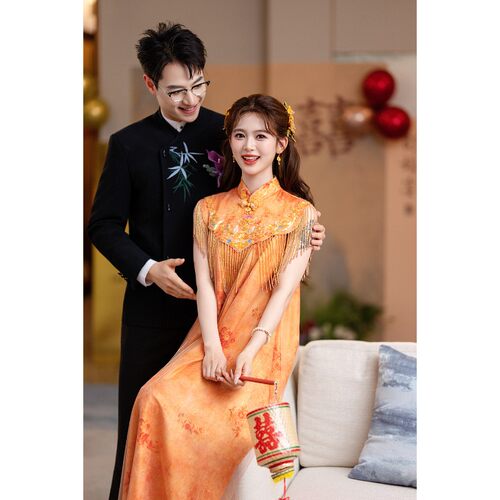 朱雀记新中式金黄色流苏云肩旗袍孕妇敬酒服晨袍订婚礼服裙大码胖