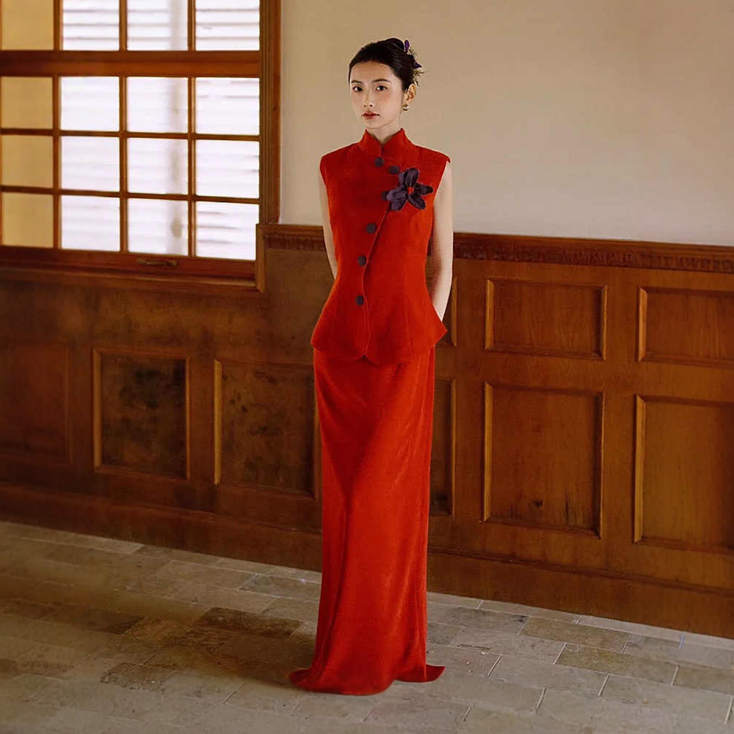 朱雀记新中式晨袍订婚礼服复古红