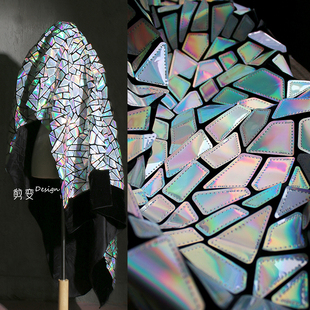 外套背景设计师面料改造 幻彩渐变镜面皮革布料几何图案人造pu服装