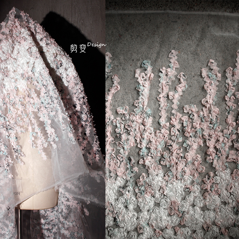 立体淡粉小花朵刺绣装饰背景布料 蕾丝花边手工diy服装设计师面料