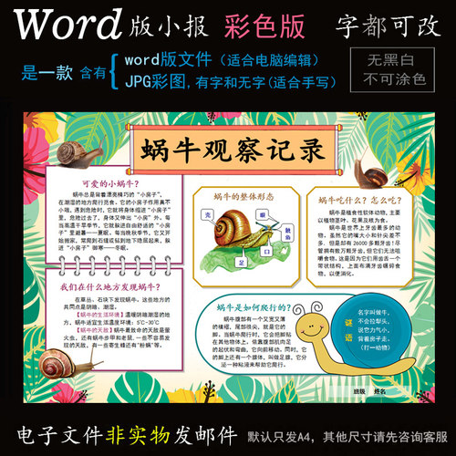 D039蜗牛小报电子版word模板电脑手抄报小动物观察简报 - 封面