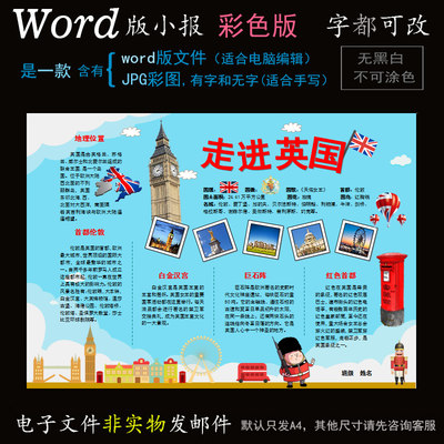 C035电子小报word模版旅行电子手抄报旅游国家地理简报走进英国