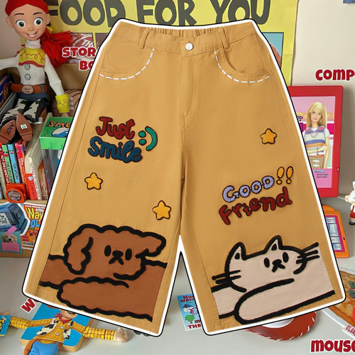 cattle赵大牛童趣卡通毛巾刺绣宽松牛仔短裤男女同款情侣休闲裤