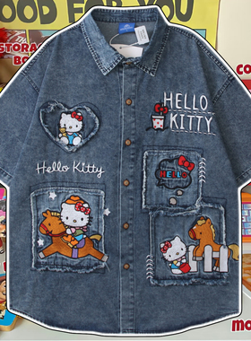 cattle赵大牛童趣卡通kitty刺绣牛仔短袖衬衫男女同款情侣衬衣