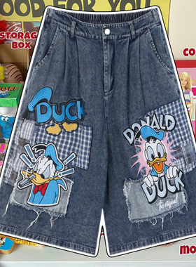 cattle赵大牛童趣卡通唐老鸭刺绣宽松牛仔短裤男女同款情侣休闲裤