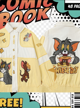 cattle赵大牛新款猫和老鼠美式童趣刺绣卡通拼色翻领外套男女同款