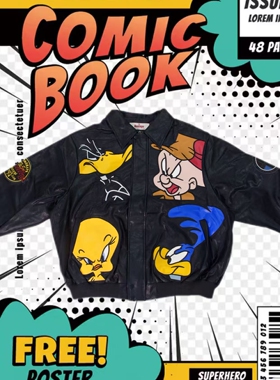 cattle赵大牛 2025新款美式经典款童趣刺绣卡通拼色皮衣夹克外套