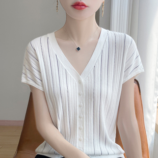 棉宽松上衣 t恤女夏洋气桑蚕丝打底衫 黑白撞色飞机袖 天丝针织短袖