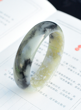 新疆和田玉青花手镯女款天然水墨画宽版泥鳅背平安镯59mm意境美