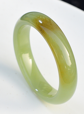 新疆天然和田玉糖黄口玉镯女款宽条泥鳅背平安镯55mm圈口带证书