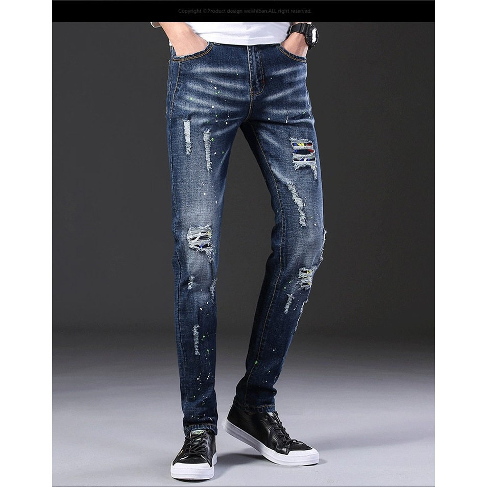 2025男装韩版春秋季蓝色油漆点泼墨破洞补丁潮男修身小直筒牛仔裤