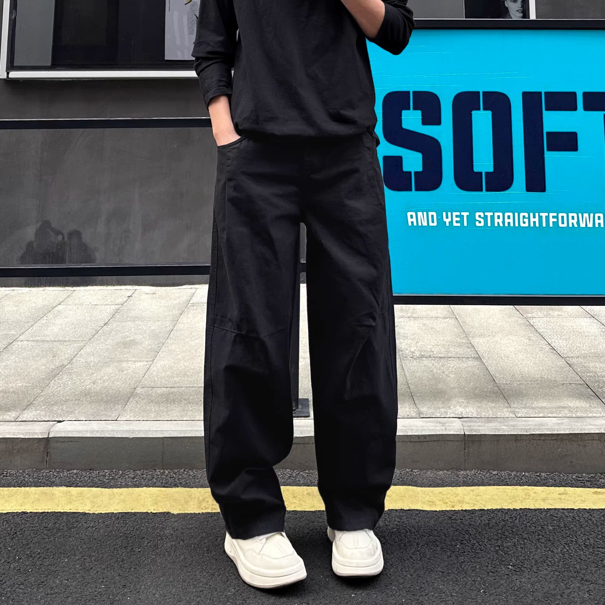 美式军绿色弯刀裤子男款复古拼接工装裤垂感宽松直筒潮牌休闲长裤