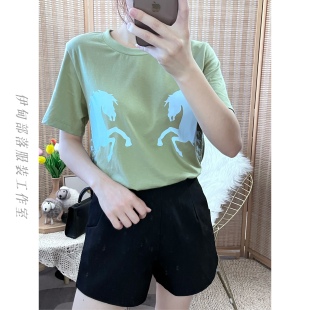 T恤 e骏马印花纯棉女绿色百搭休闲短袖 伊甸部落新款 克罗伊Chlo