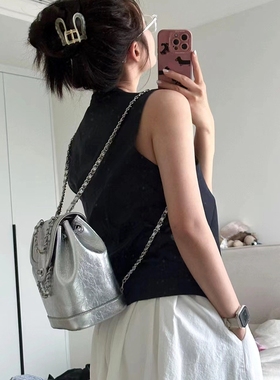 白日梦小姐韩国小众设计Cardinal Red小香风双肩链条包银色背包女