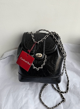 韩国小众设计Cardinal Red牛皮复古小香风链条双肩背包银色包包女