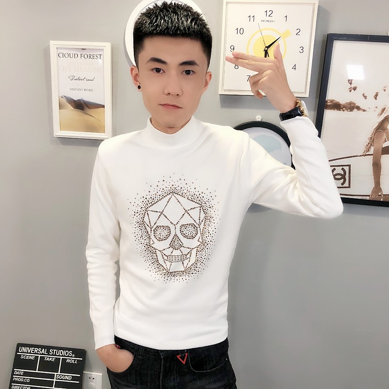 3骷髅烫钻针织衫毛衣冬季社会小伙男半高领打底衫C301B-MY18,男装针织衫/毛衣,电商C301B