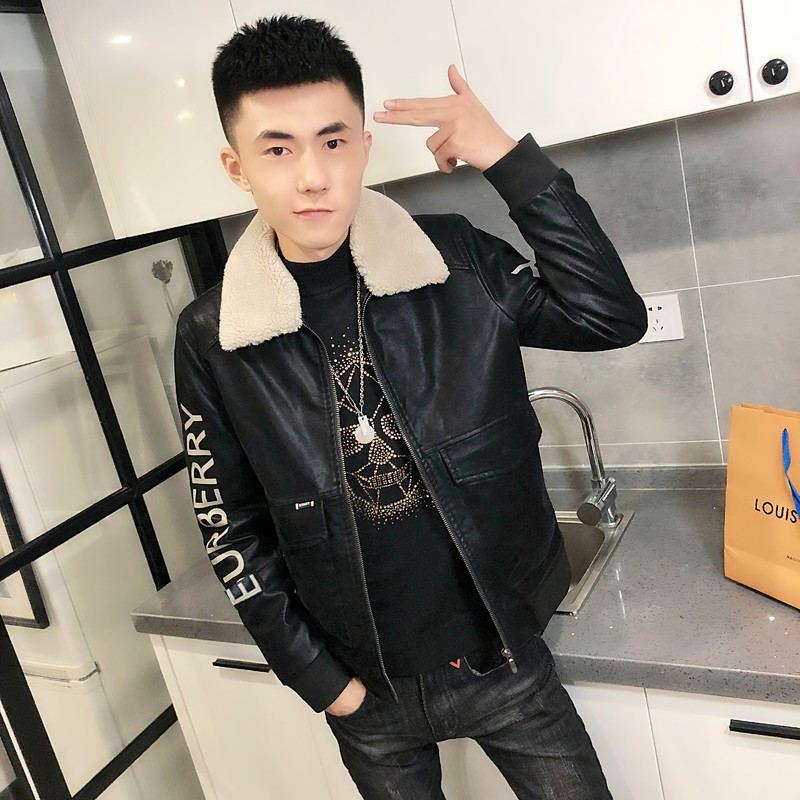 3冬季加绒毛领修身印花皮衣男社会小伙夹克外套301B-PY14-P130,男装皮衣,电商C301B