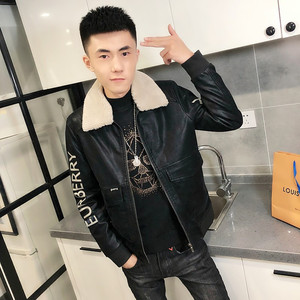 3冬季加绒毛领修身印花皮衣男社会小伙夹克外套301B-PY14-P130图片
