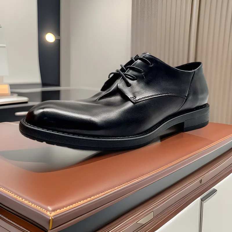 男士英伦风胎牛皮商务正装皮鞋时尚百搭圆头手工德比鞋纯手工纯皮