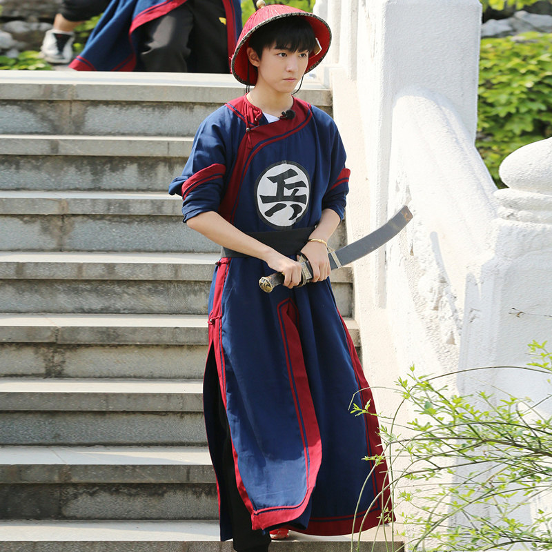 影视古装清朝官兵服古代捕快服棉麻古装衙门兵役官差蓝色带刀侍卫